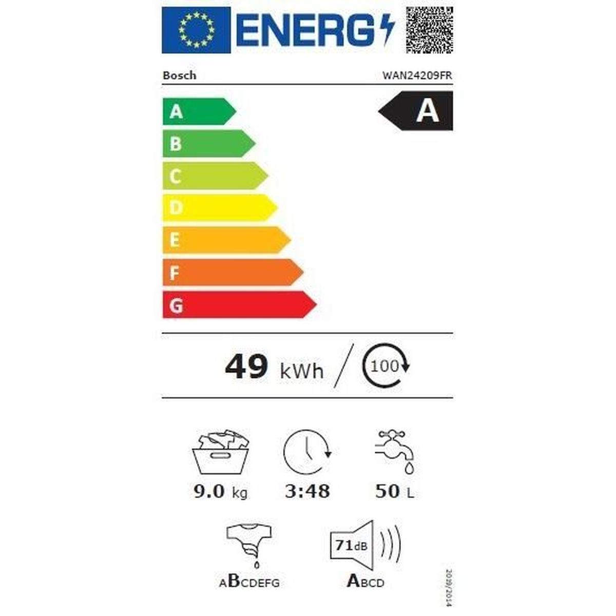 Energielabel für eine Waschmaschine. Zeigt Energieeffizienzklasse A, Verbrauchsdetails und andere technische Daten.