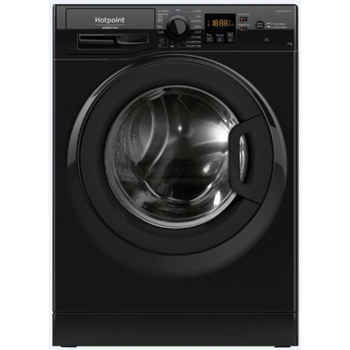 Eine schwarze Hotpoint Ariston Waschmaschine. Die Tür ist geöffnet und gibt die Trommel frei. Digitalanzeige zeigt '18:88'.