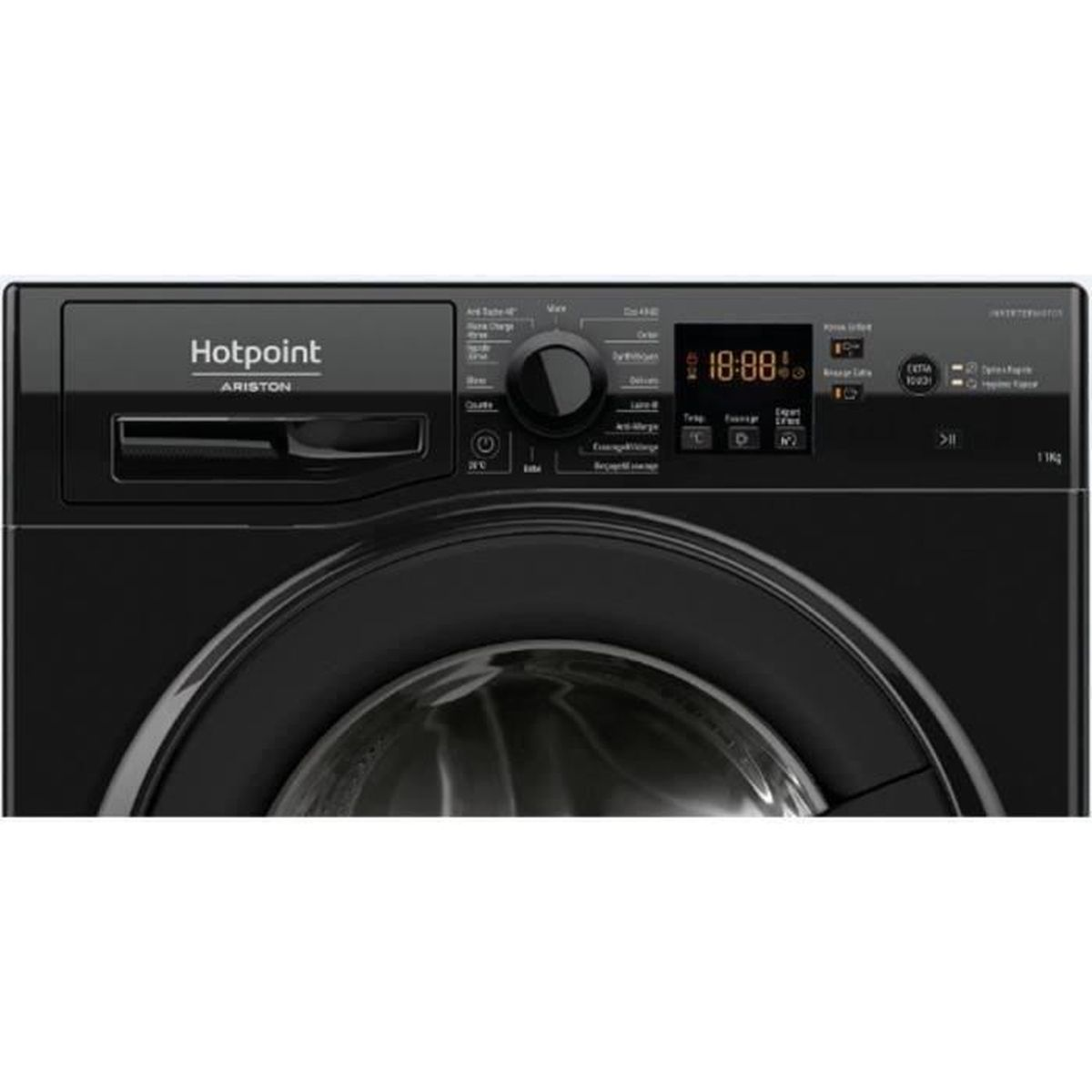 Schwarze Waschmaschine von Hotpoint Ariston. Digitalanzeige zeigt 18:88. Verfügt über Drehregler und Knöpfe. Die Tür ist geschlossen.