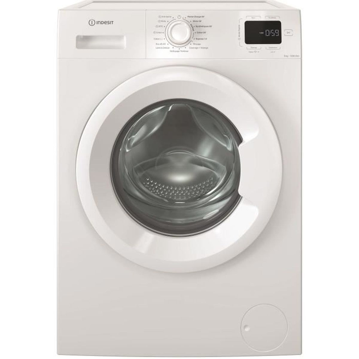 Weiße Indesit Waschmaschine. Sie hat eine runde Tür, ein Bedienfeld mit Knopf und eine Digitalanzeige mit 0:59.