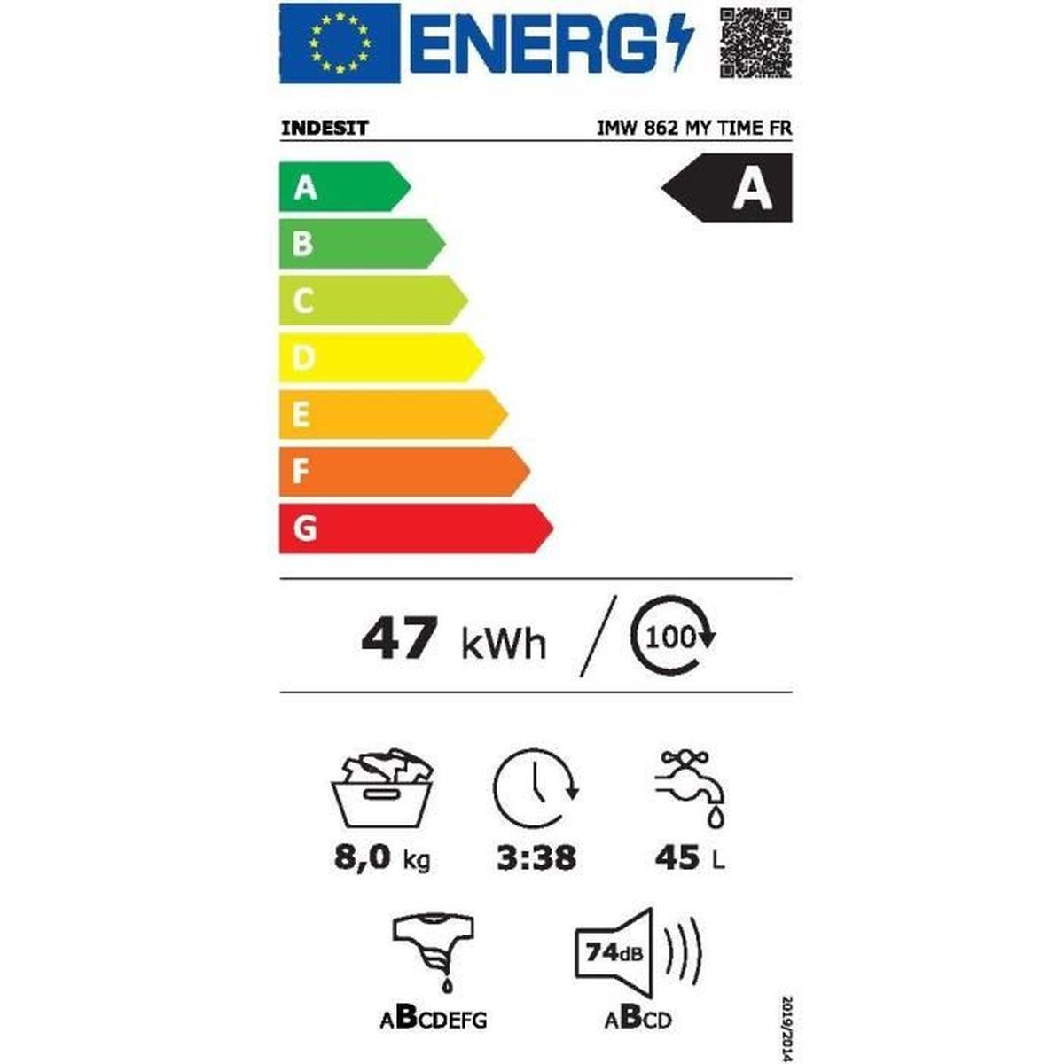 Ein Indesit-Energielabel zeigt Energieeffizienzklassen von A bis G. Es zeigt Energieverbrauch, Zykluszeit, Wasserverbrauch und Geräuschpegel.