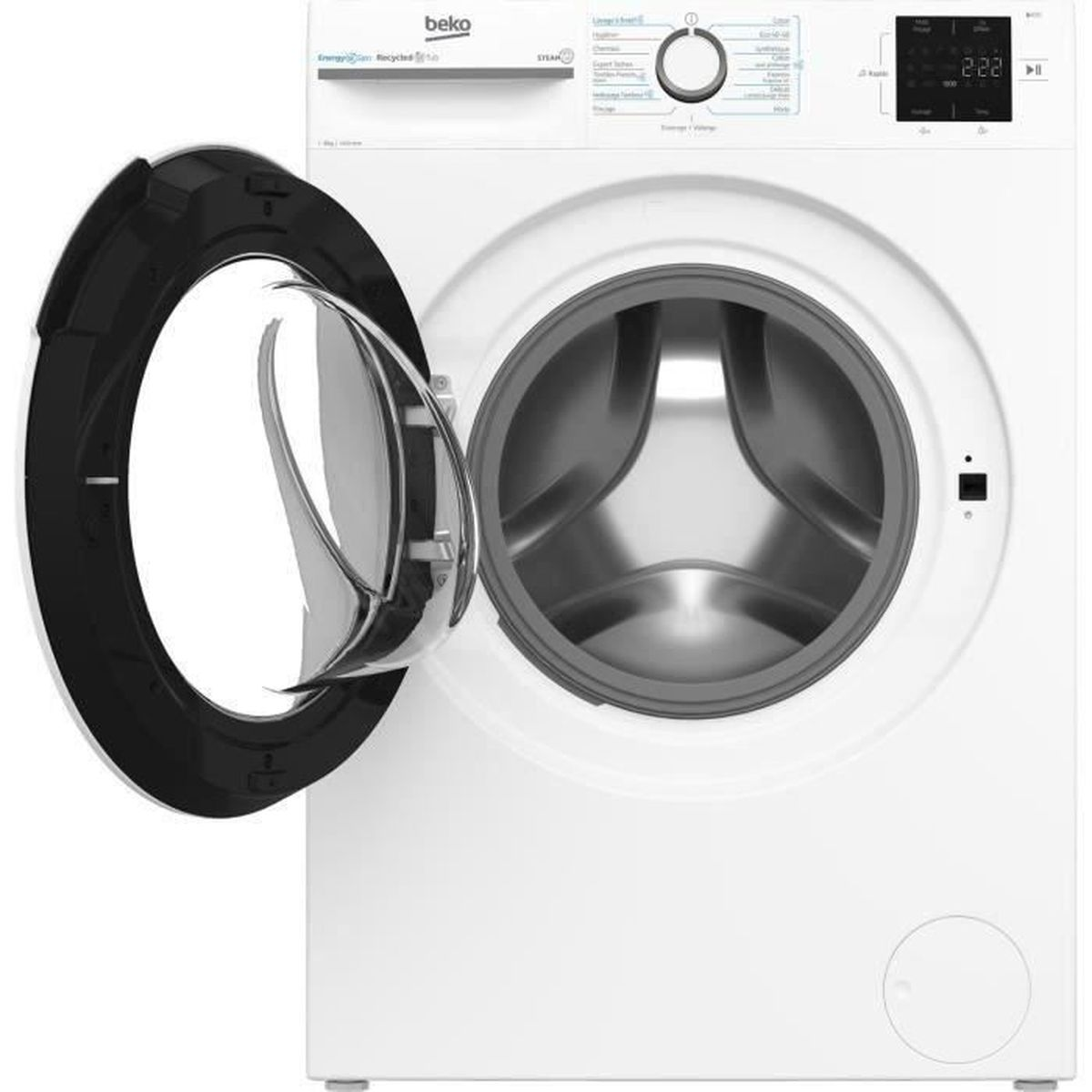 Eine weiße Beko-Waschmaschine mit offener Tür. Die Maschine hat ein digitales Display und ein Bedienfeld.