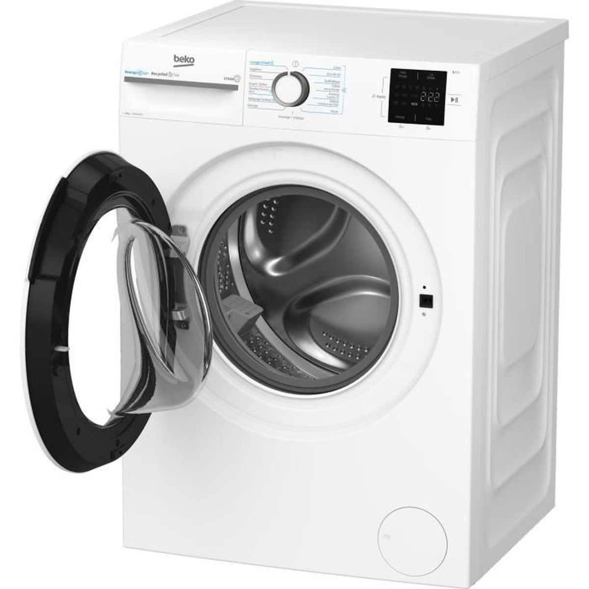 Eine weiße Beko Waschmaschine, Tür geöffnet. Schwarzer Türrahmen und Bedienfeld mit Digitalanzeige. Sauberes und modernes Design.