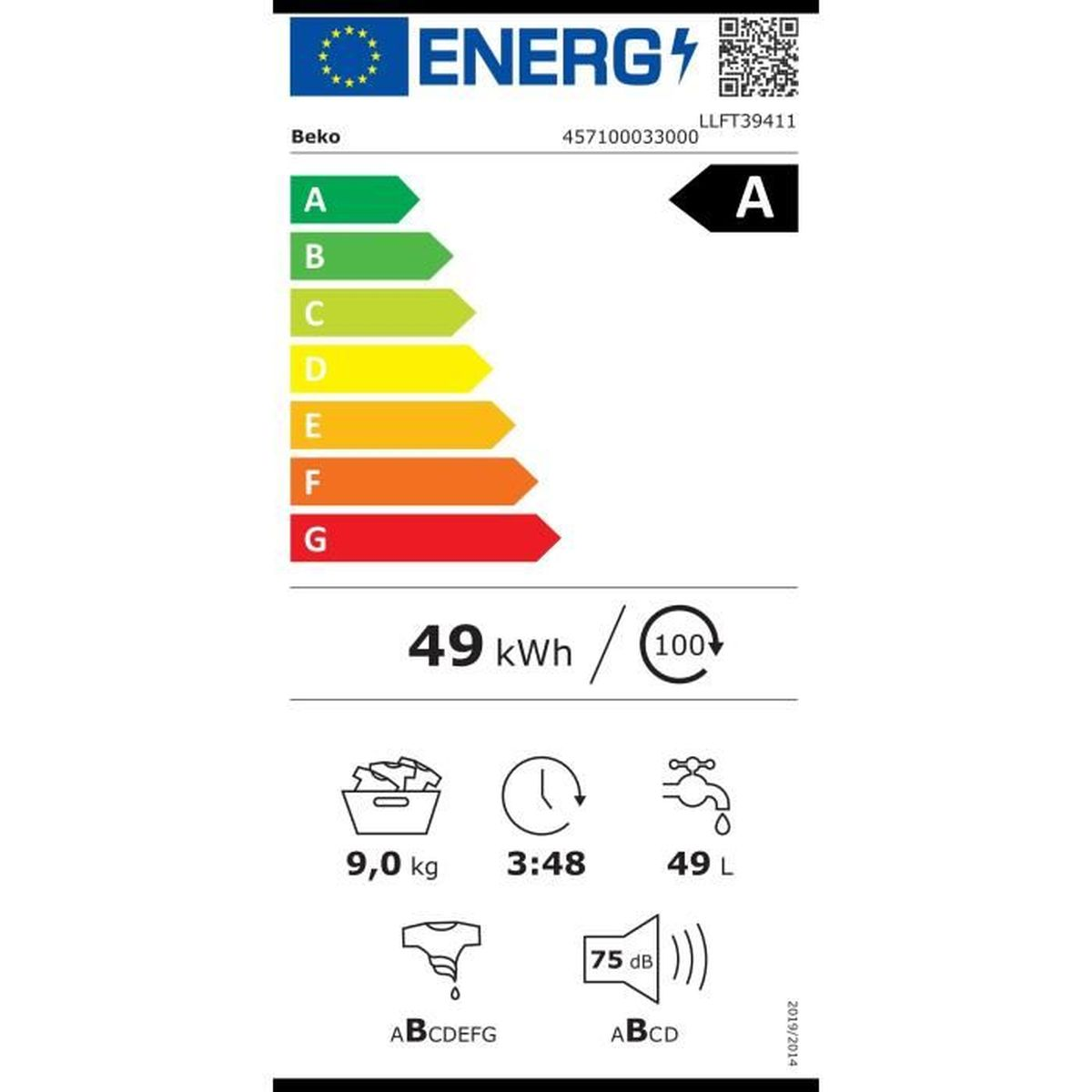 Energielabel für ein Beko-Gerät. Zeigt Energieeffizienzklasse A, Stromverbrauch von 49 kWh und weitere Details wie Volumen und Geräusch.