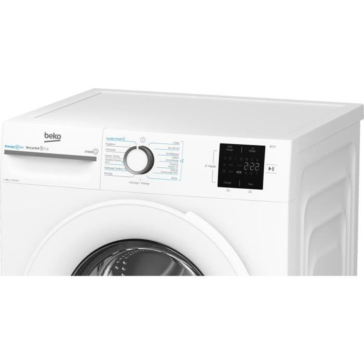 Weiße Beko Waschmaschine. Mit Bedienfeld und Digitalanzeige 2:22. Hat eine runde Tür und verschiedene Programmauswahl.