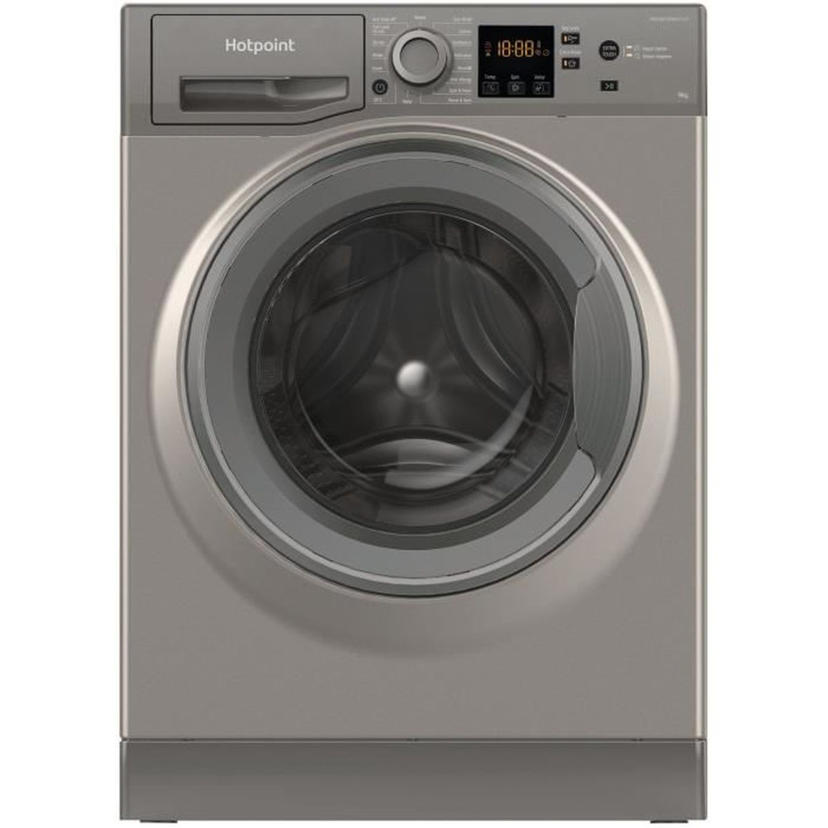 Eine silberne Hotpoint Waschmaschine. Sie hat eine runde Tür, ein Bedienfeld mit Digitalanzeige und eine Schublade.
