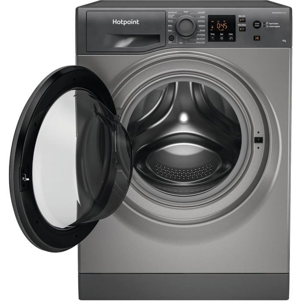 Graue Hotpoint Waschmaschine mit offener Tür. Die Digitalanzeige zeigt 0:45. Die Tür hat einen schwarzen Rahmen.
