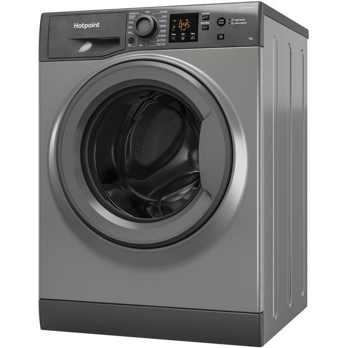Eine graue Hotpoint-Waschmaschine. Sie hat eine Frontlader-Tür, ein Bedienfeld mit Anzeige 0:45 und einen dunklen Sockel.