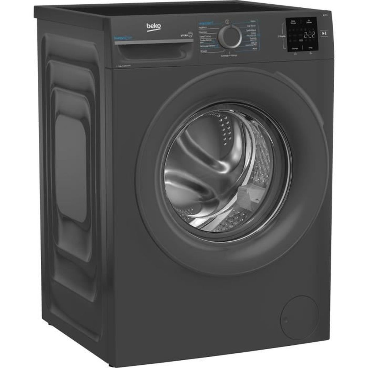 Eine dunkelgraue Beko-Waschmaschine. Sie hat eine runde Tür, ein Bedienfeld und eine Digitalanzeige mit '2:22'.