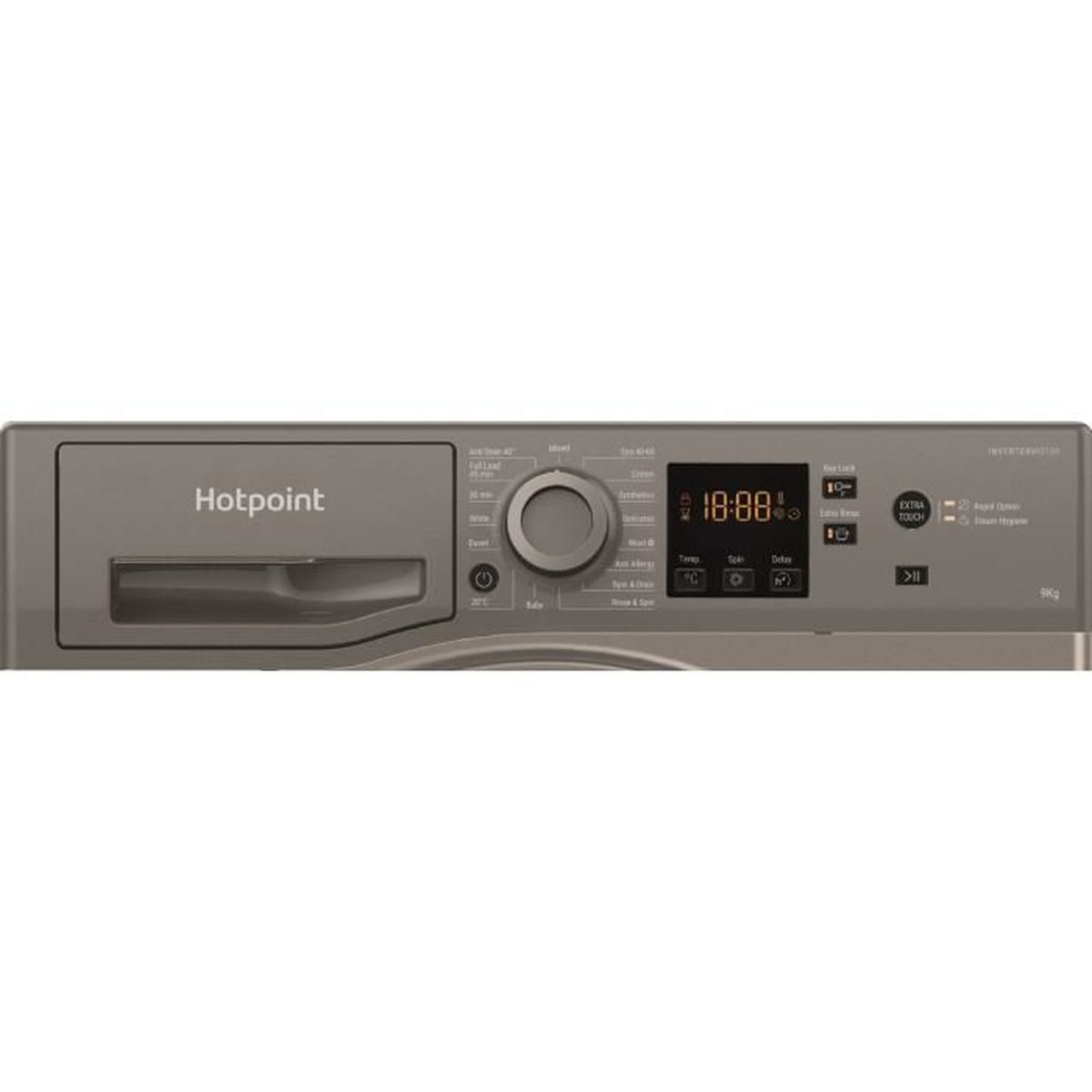 Graues Bedienfeld einer Hotpoint Waschmaschine. Es hat eine Anzeige mit 18:88, Knöpfen und einem Drehregler.