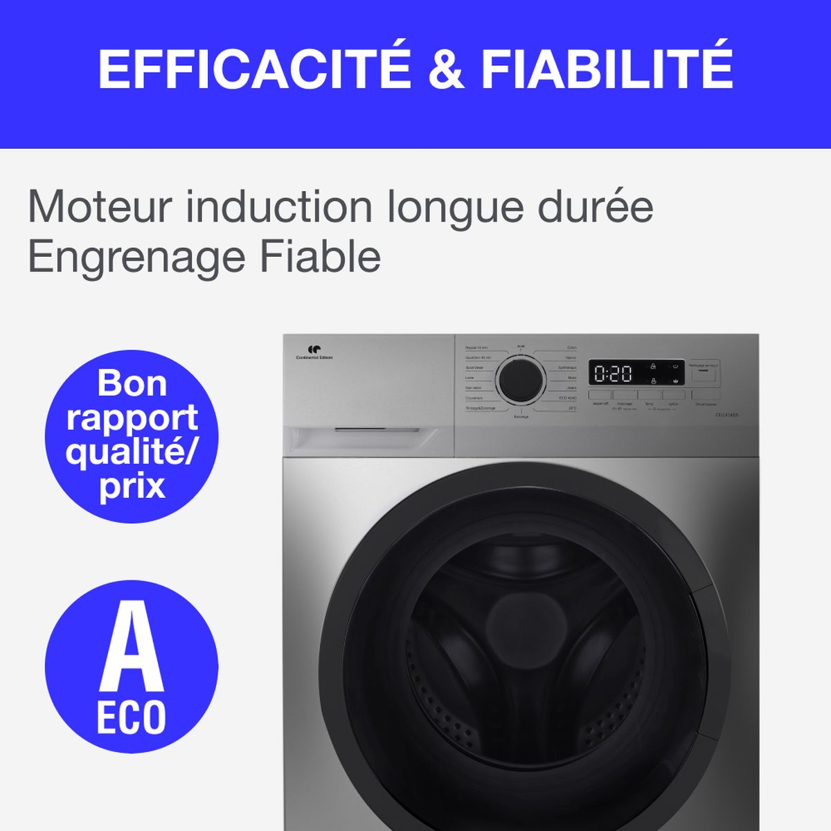 Eine Waschmaschine mit digitaler Anzeige 0:20. Sie hat Knöpfe und eine schwarze Tür. Oben steht 'EFFICACITÉ & FIABILITÉ'.