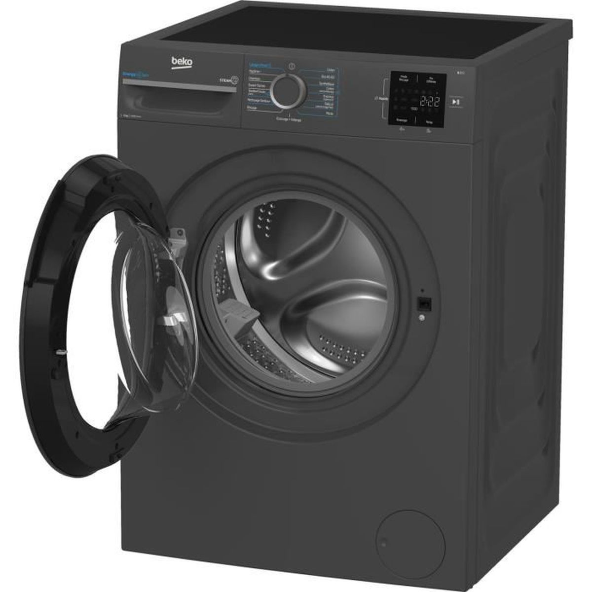 Eine dunkelgraue Beko-Waschmaschine mit offener Tür. Sie hat ein digitales Display und ein Bedienfeld. Die Trommel ist sichtbar.