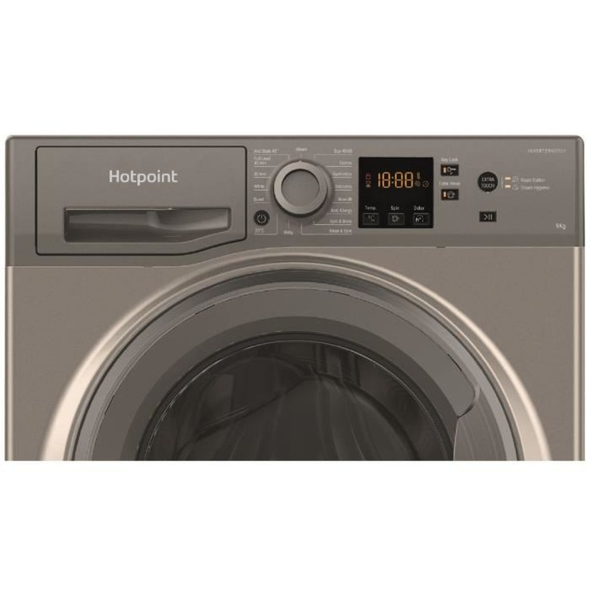 Eine metallgraue Hotpoint-Waschmaschine. Sie hat eine Digitalanzeige mit '10:08'. Knöpfe und Tasten befinden sich auf der oberen Platte.