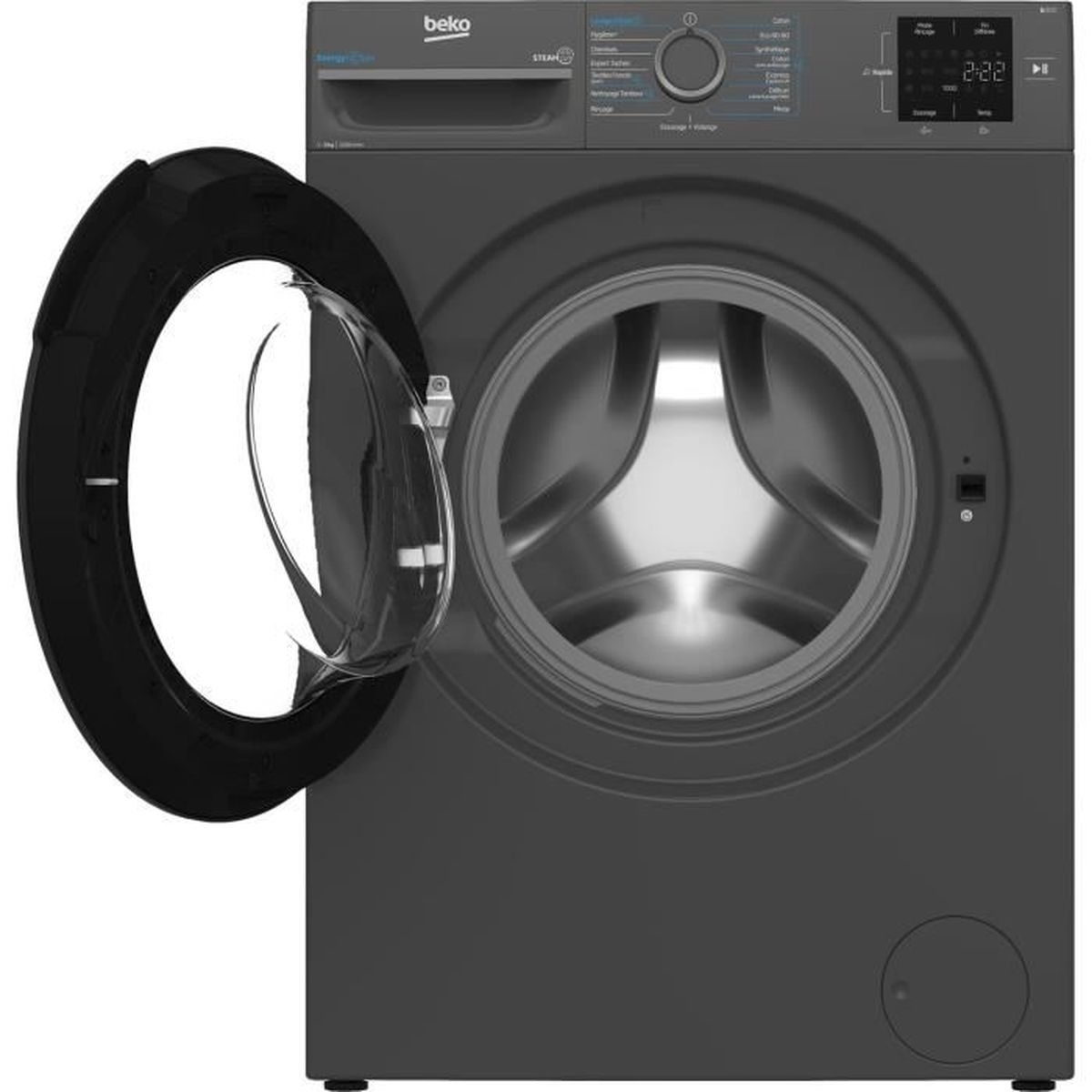 Eine graue Beko-Waschmaschine mit offener Tür. Das Bedienfeld befindet sich oben. Die Uhrzeit zeigt 2:22.