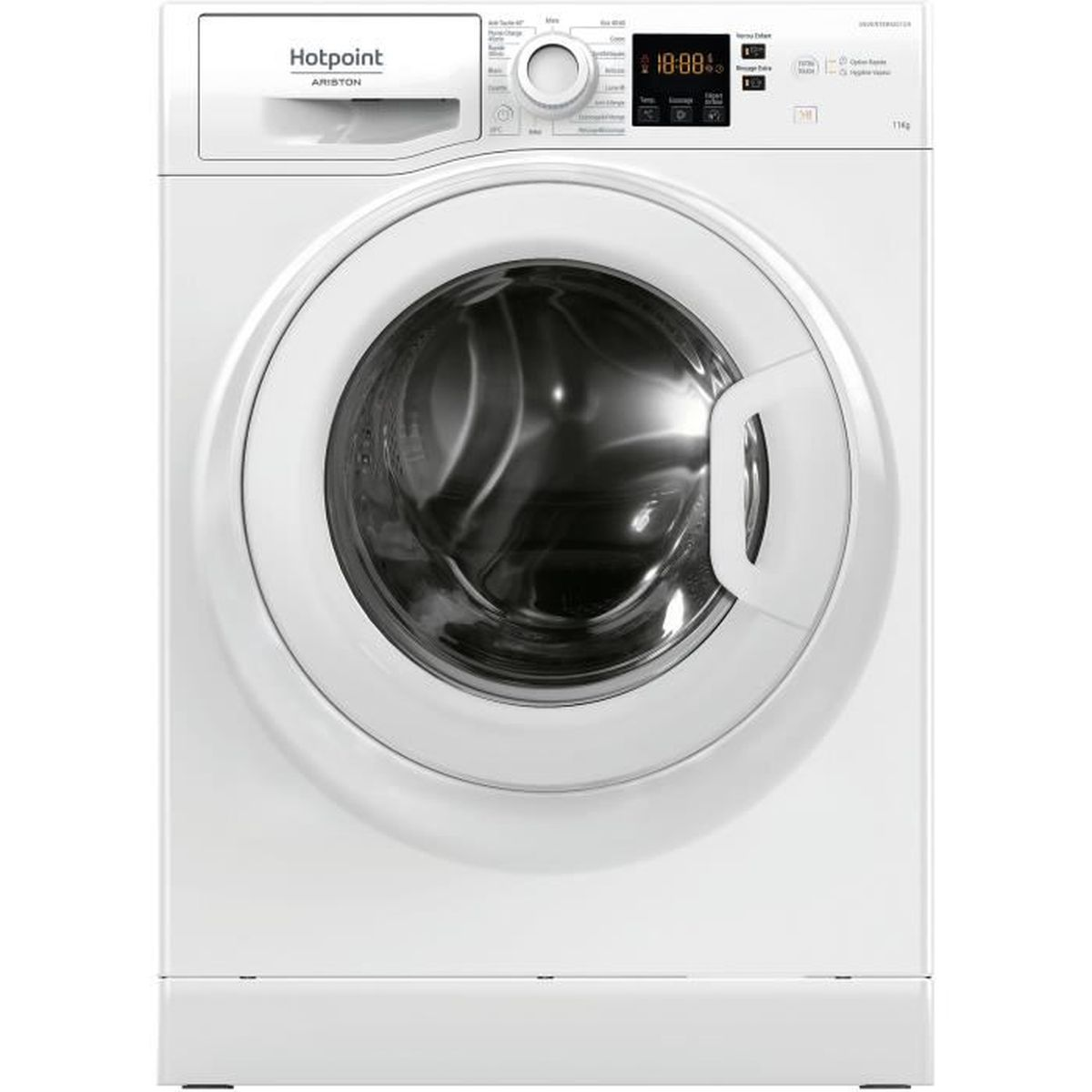 Eine weiße Hotpoint Ariston Waschmaschine. Sie hat eine Frontlader-Tür, ein Bedienfeld und eine Digitalanzeige mit 18:88.