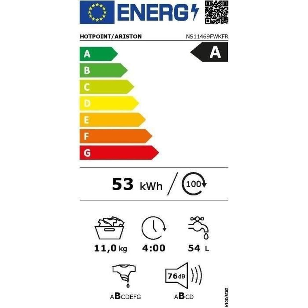 Energielabel für eine Waschmaschine. Zeigt Energieeffizienz, Verbrauch, Gewicht, Zykluszeit, Wasserverbrauch und Geräuschpegel.
