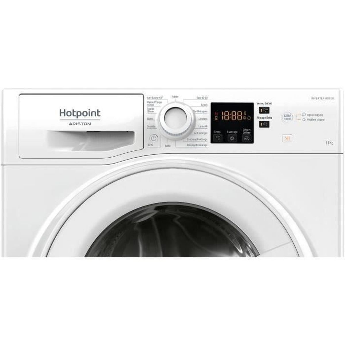 Eine weiße Waschmaschine von Hotpoint Ariston. Sie hat eine Digitalanzeige mit 10:00 Uhr. Die Trommel ist sichtbar.