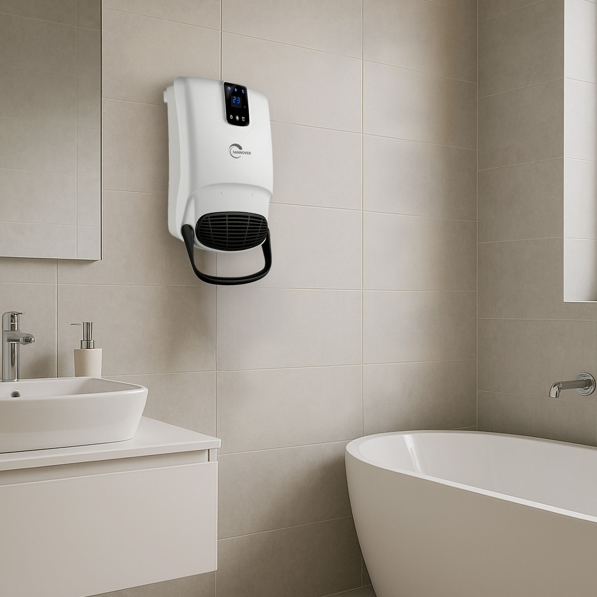 Badezimmer mit weißem Wandheizkörper, Waschbecken und Badewanne. Beige Fliesen bedecken die Wände.