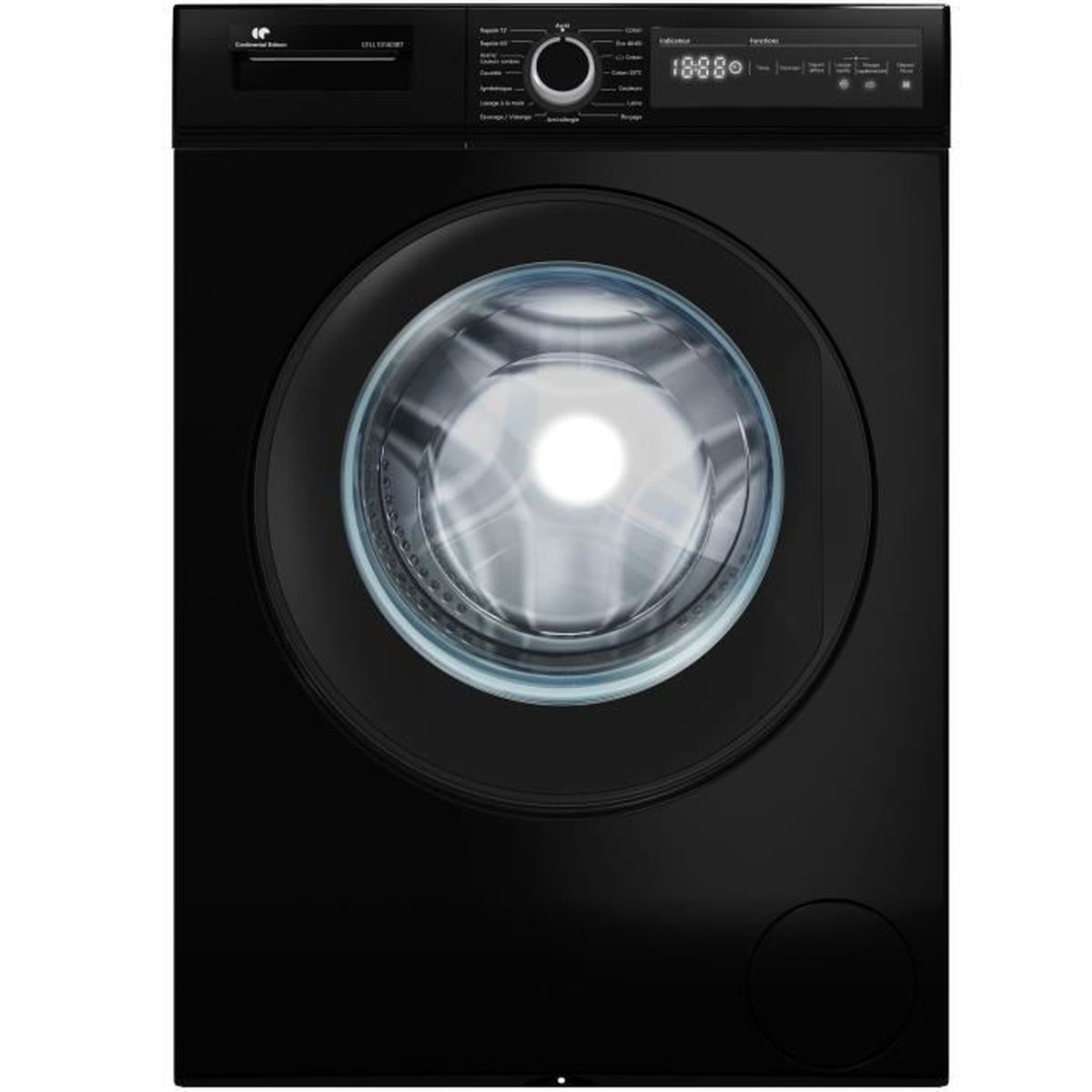 Eine schwarze Waschmaschine mit Glastür. Sie hat ein Bedienfeld oben und ein kleines rundes Detail unten.