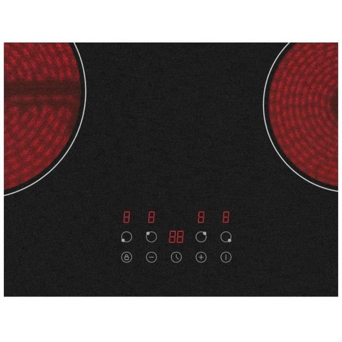 Schwarzes Cerankochfeld mit zwei roten Heizzonen. Digitalanzeigen zeigen Zahlen und Symbole. Touch-Bedienelemente sind unten.