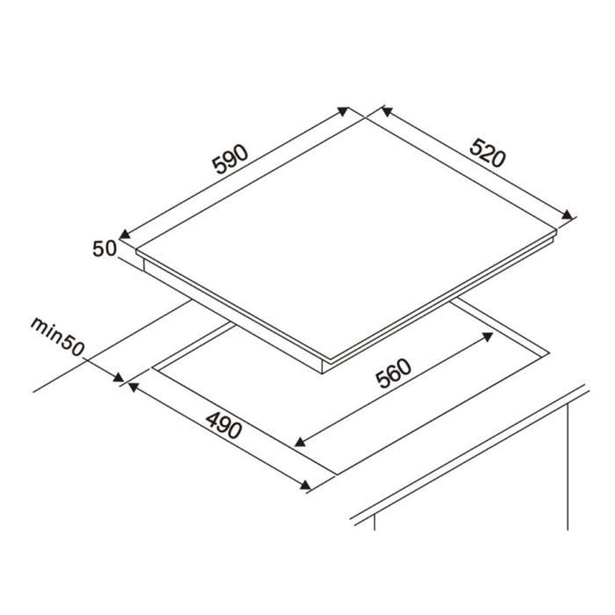 Diagramm eines Kochfelds mit Abmessungen: 590x520mm, 560x490mm und 50mm. Linien und Pfeile zeigen Maße für die Installation.