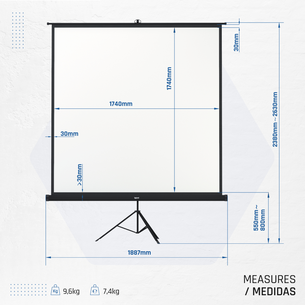 Wyświetlany jest biały ekran projekcyjny z wymiarami i wagami. Jest podparty przez statyw. Wskazano wymiary.