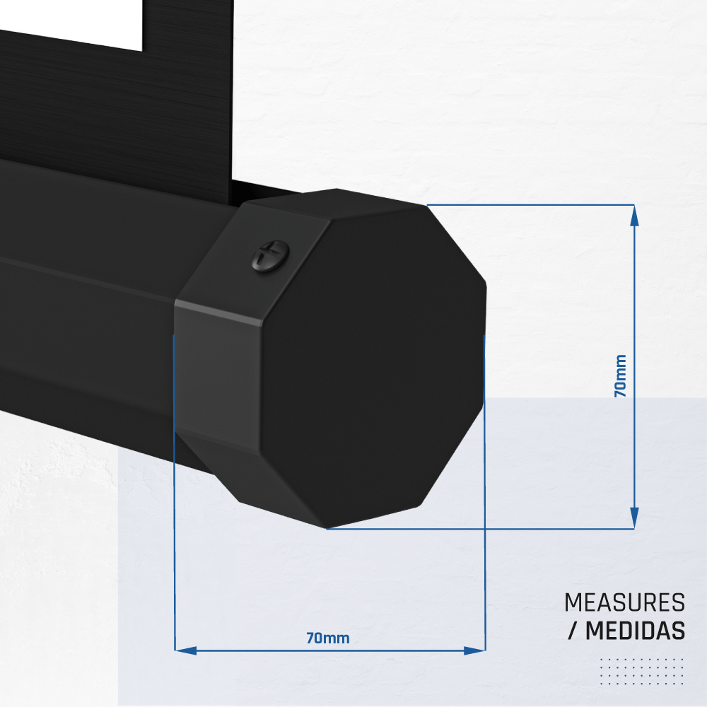 Zbliżenie czarnego, ośmiokątnego obiektu ze śrubą. Niebieskie pole wskazuje pomiary 70 mm. Tekst: 'MEASURES / MEDIDAS'.