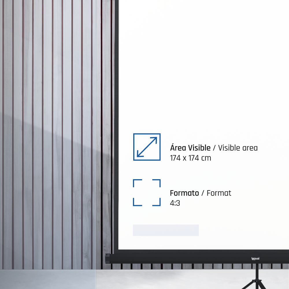 Biały ekran projekcyjny z nakładką tekstową na tle drewnianego panelu. Wymiary ekranu to 174x174 cm, format 4:3.