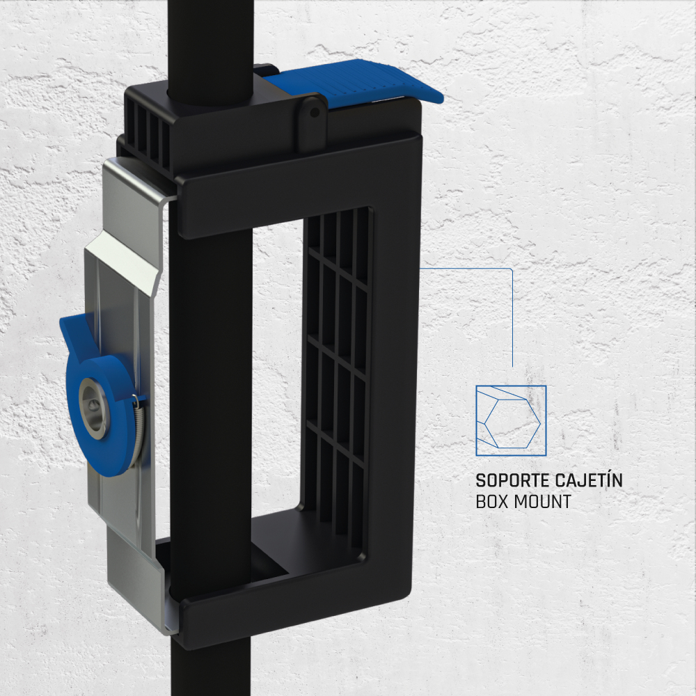 Zbliżenie czarnego uchwytu na pudełko z niebieskimi dźwigniami. Jest zamontowany na czarnym słupku na teksturowanej białej ścianie.