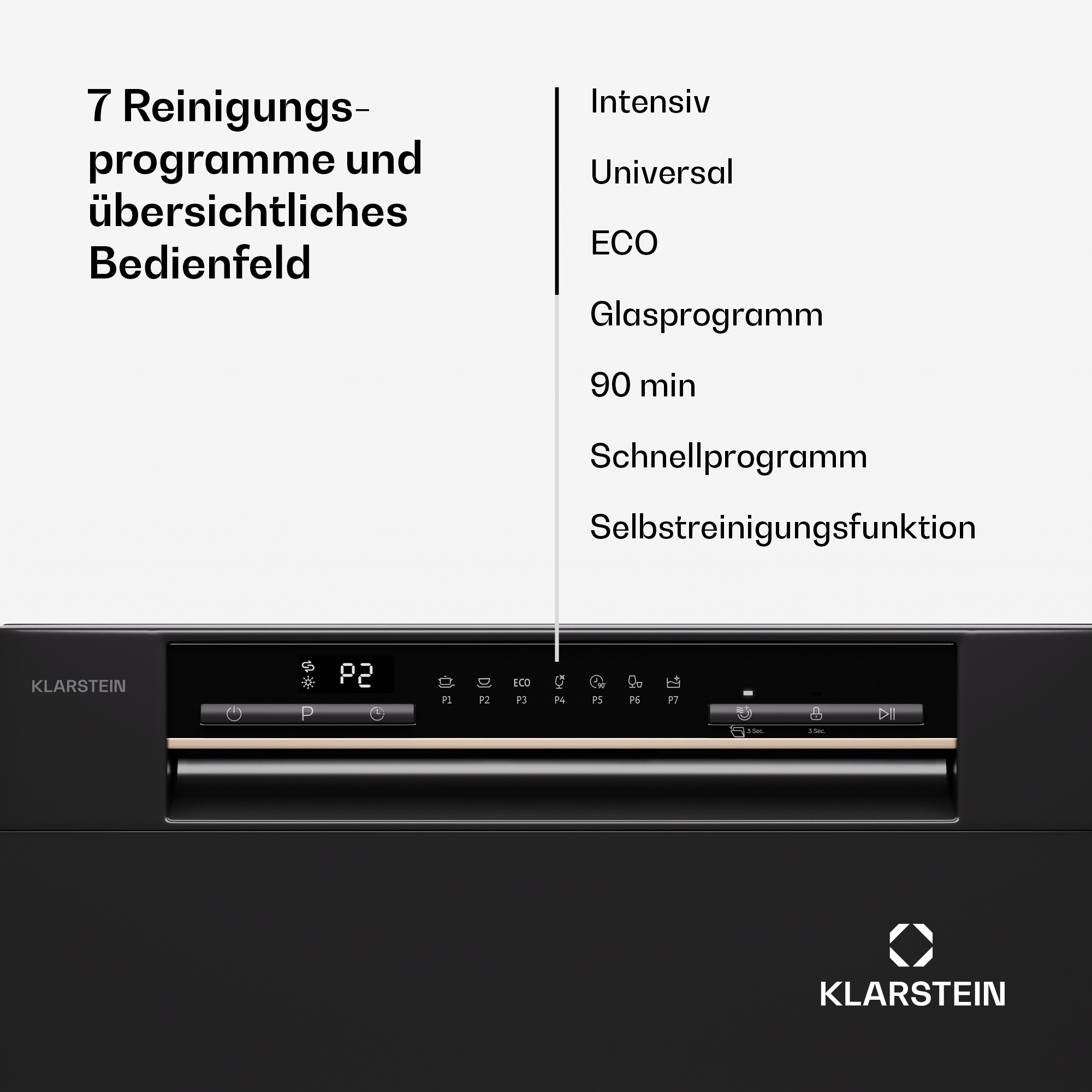 Schwarzes Geschirrspüler-Bedienfeld mit Tasten, Anzeige und Reinigungsprogrammen auf der linken Seite.