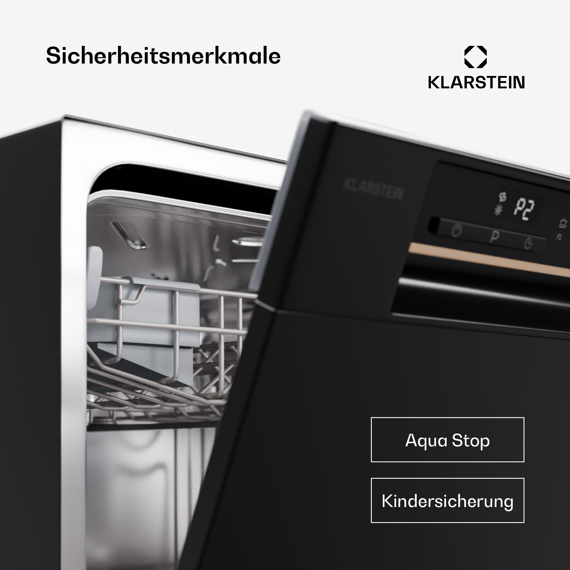 Geschirrspüler mit geöffneter Tür. Zu den Merkmalen gehören Aqua Stop und Kindersicherung. Zeigt ein digitales Bedienfeld.