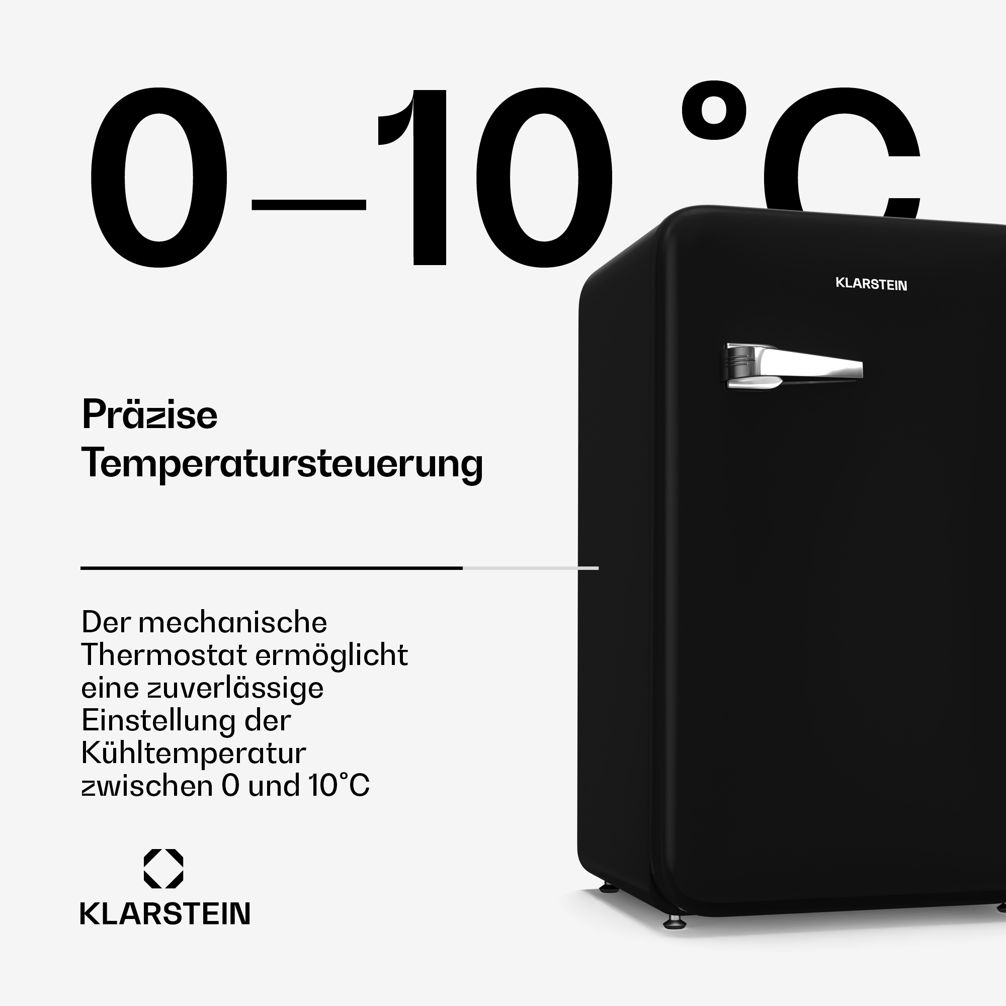 Un mini frigo Klarstein nero con un intervallo di temperatura di 0-10°C e dettagli sul controllo della temperatura.