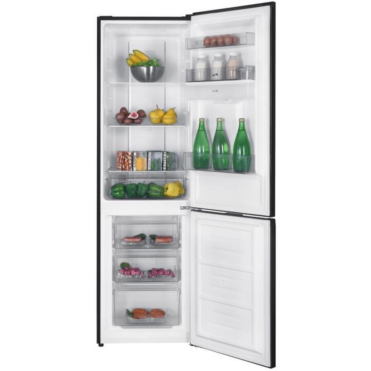 Offener Kühlschrank mit Früchten, Gemüse, Flaschen und Eiern. Oberer Teil hat Bananen und Flaschen. Unten hat Schubladen.