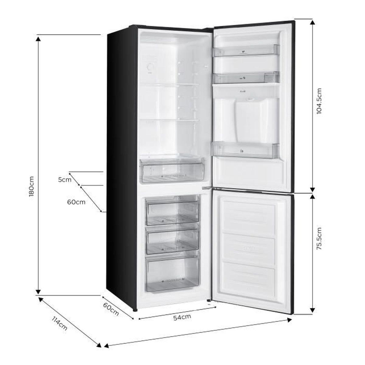 Ein schwarzer Kühlschrank mit geöffneten Türen, die Innenfächer, Regale und Schubladen zeigen. Abmessungen sind beschriftet.