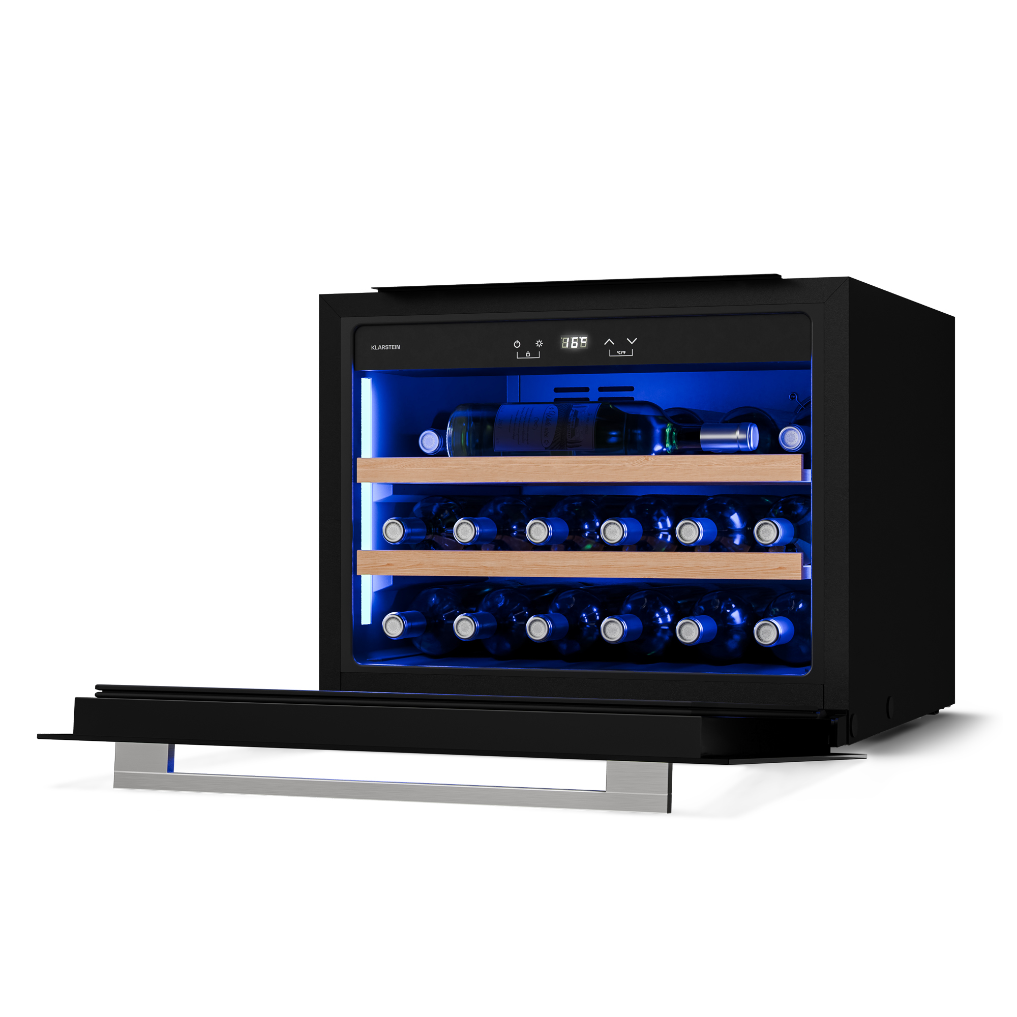 Cantinetta vino nera con porta aperta, che mostra bottiglie su ripiani in legno, illuminate da luce blu.