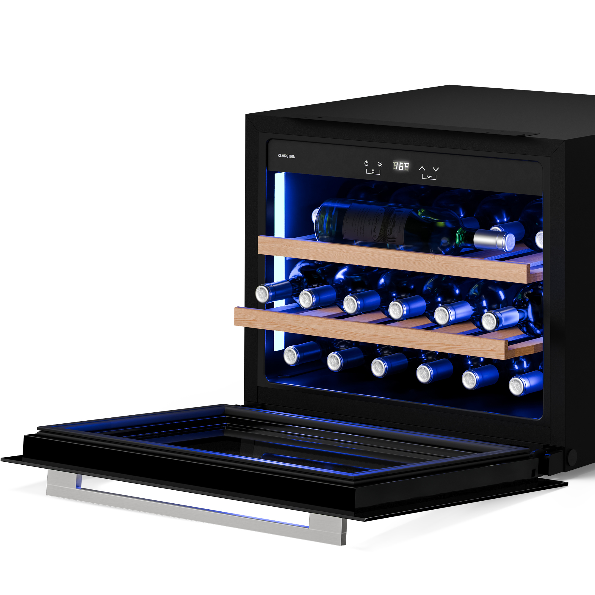 Cantinetta nera con porta aperta, che mostra bottiglie di vino su ripiani in legno. Luci blu all'interno.