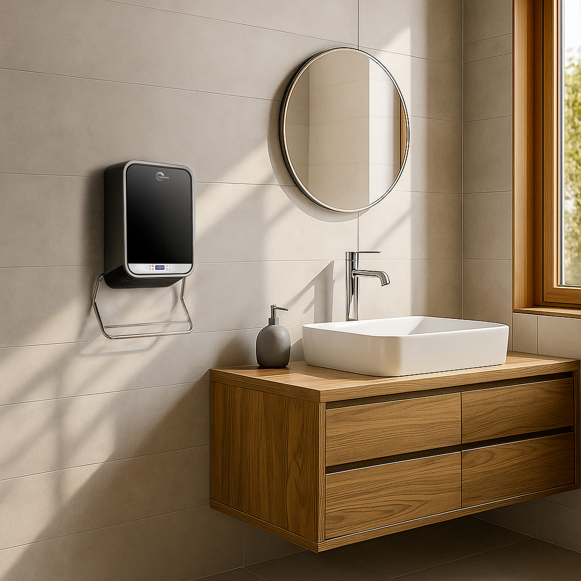 Badezimmer mit Spiegel, Waschbecken und Seifenspender. Ein schwarzes Gerät ist an der Wand montiert, mit Handtuchhalter.