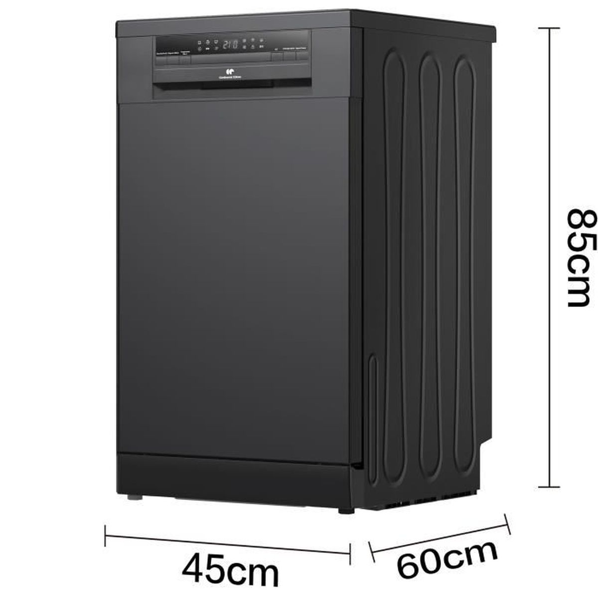 Schwarzer Geschirrspüler mit den Maßen: 85 cm Höhe, 45 cm Breite, 60 cm Tiefe. Bedienfeld oben, geriffelte Seitenwand.