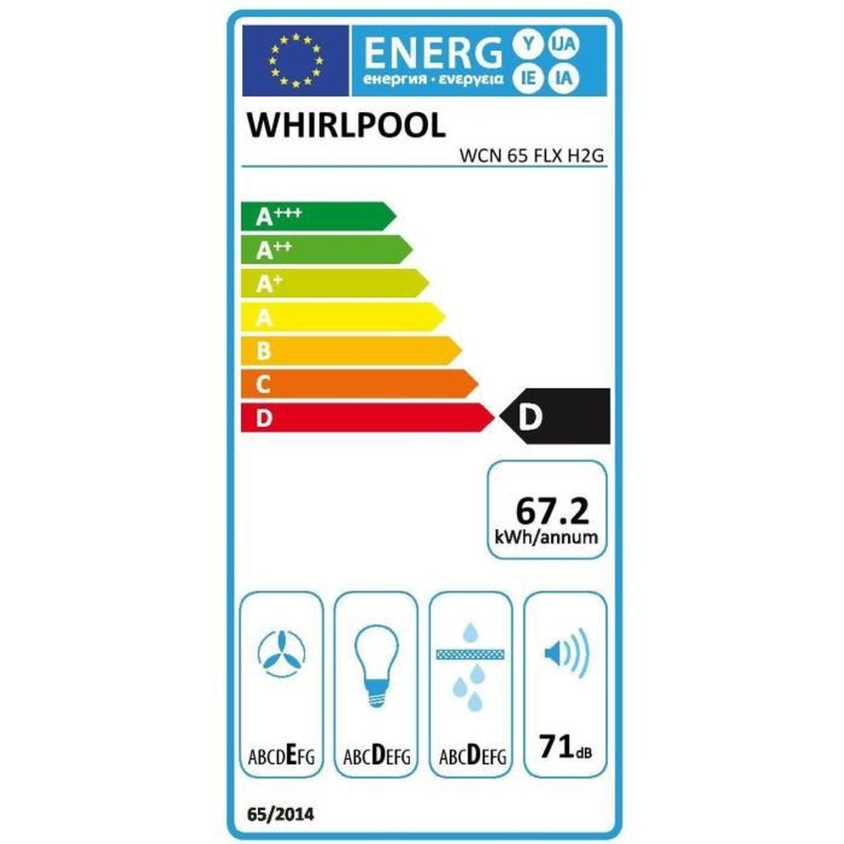 Etichetta energetica per un elettrodomestico Whirlpool. Mostra la classe D e altre specifiche.
