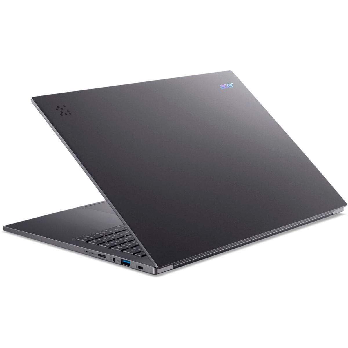 Un laptop Acer grigio scuro è aperto, mostrando tastiera e schermo. Il logo Acer è visibile sul coperchio.