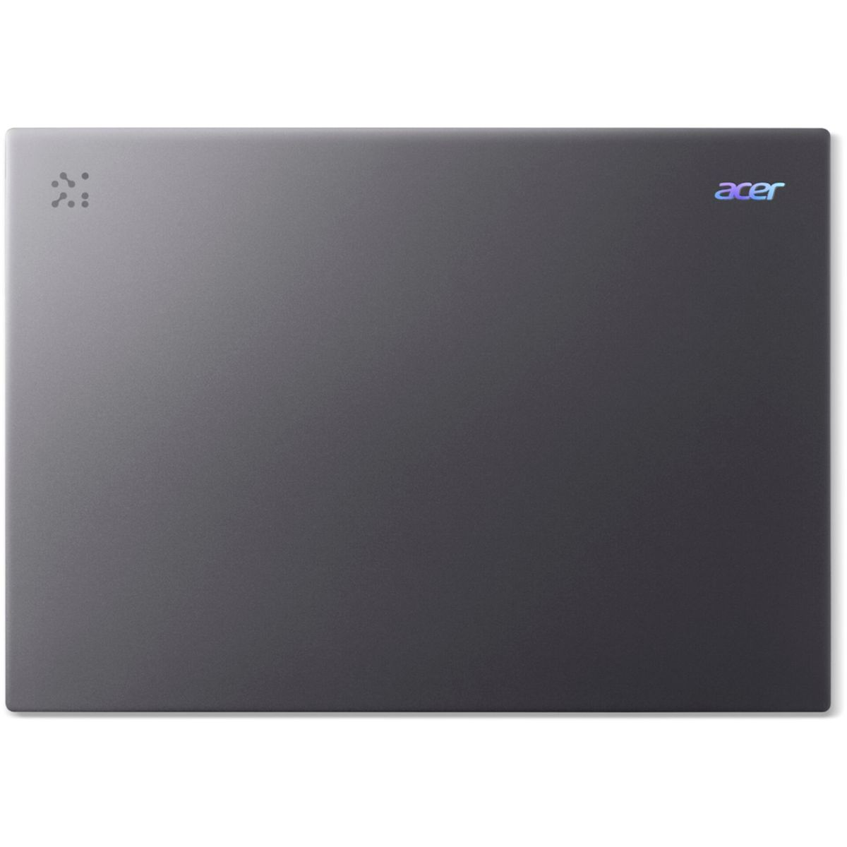 Un laptop grigio con il logo Acer e un design in alto a sinistra. Il laptop è chiuso e posto su una superficie bianca.