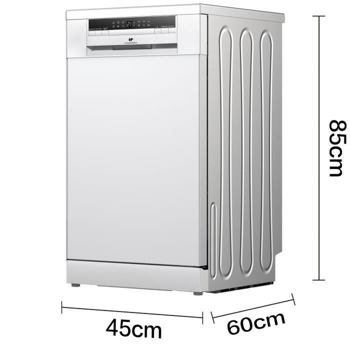 Ein weißer Geschirrspüler mit den Maßen: 45 cm Breite, 60 cm Tiefe und 85 cm Höhe. Er hat ein digitales Display und geriffelte Seitenwände.