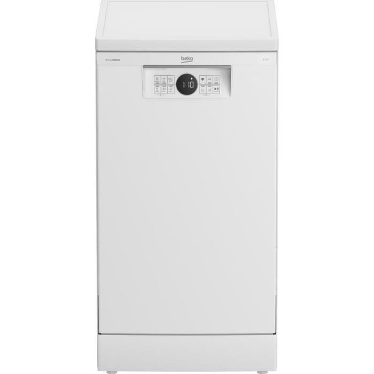 Eine weiße Beko-Spülmaschine, Vorderansicht. Sie hat ein Bedienfeld mit Knöpfen und ein Display mit der Anzeige '1:10'. Das Design ist minimalistisch.