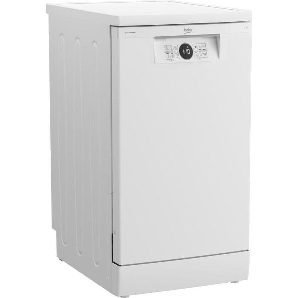 Eine weiße Beko-Spülmaschine, Vorderansicht. Sie hat ein Bedienfeld mit Knöpfen und einem Display. Die Tür ist geschlossen.