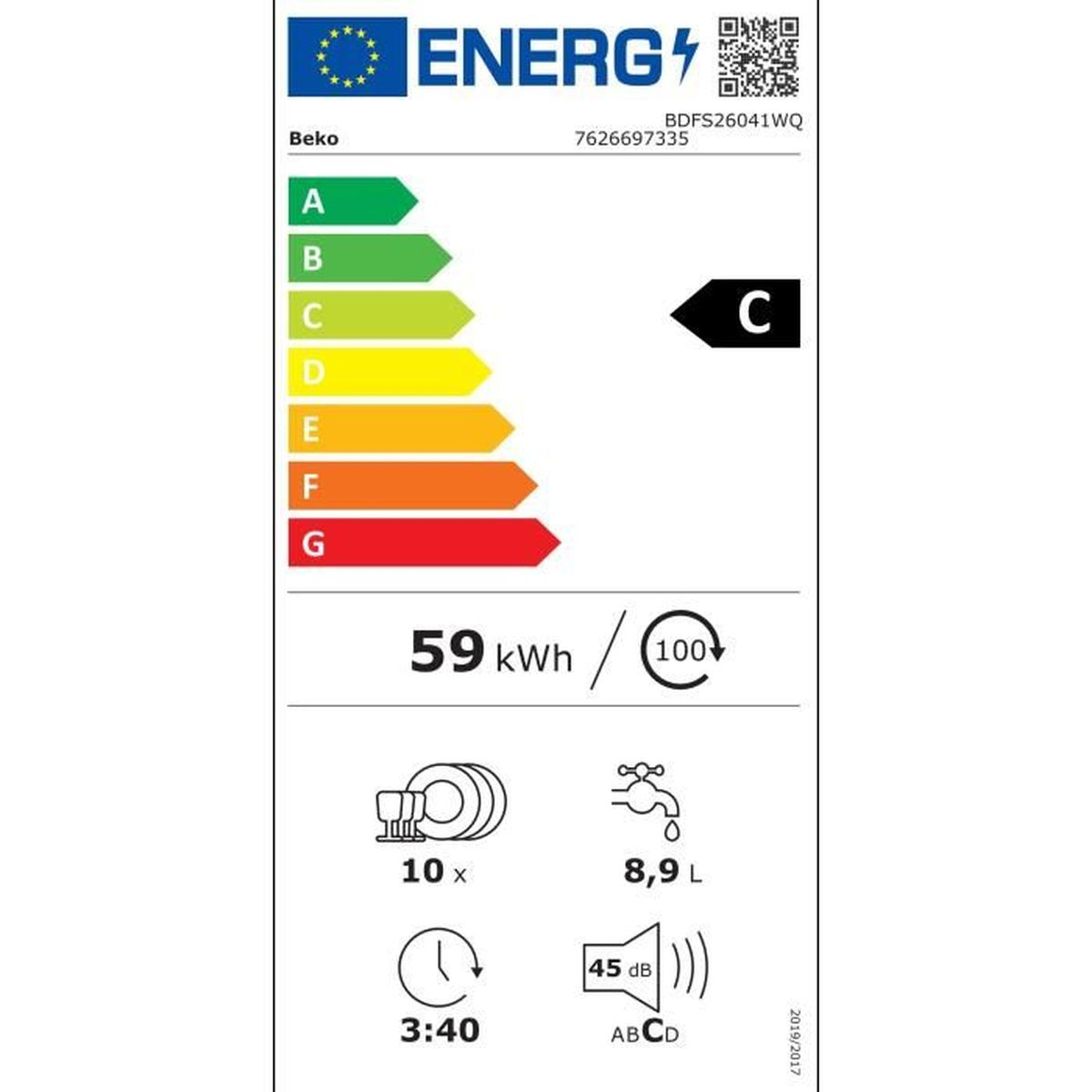 Energielabel für einen Beko-Geschirrspüler. Zeigt Energieeffizienzklasse C, Energieverbrauch, Wasserverbrauch und Geräuschpegel.