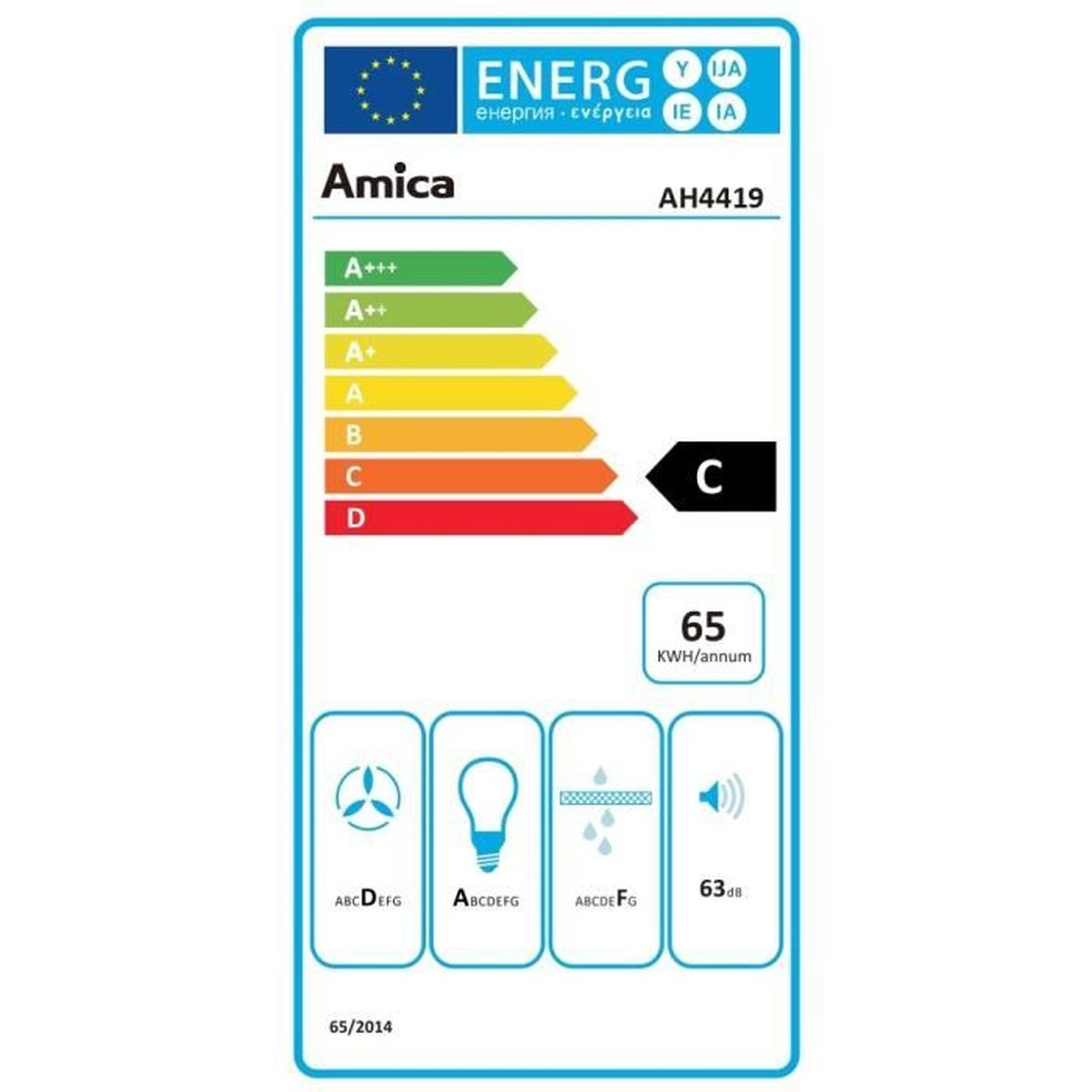 Ein Energielabel von Amica mit einer Energieeffizienzklasse A-C. Zeigt Effizienzklassen und Verbrauchsmetriken mit einem Geräuschpegel von 63 dB.