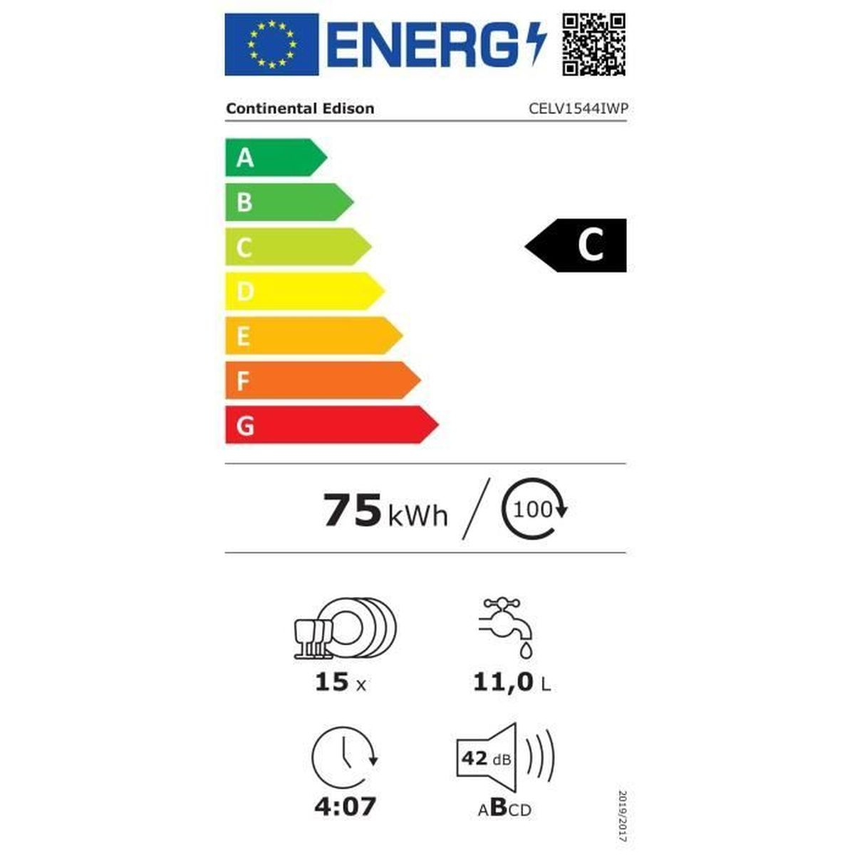 Energielabel für einen Geschirrspüler. Es zeigt Energieeffizienzklasse C, 75 kWh, 15 Maßgedecke, 11,0 l Wasserverbrauch, 4:07 Zykluszeit und 42 dB Lärm.