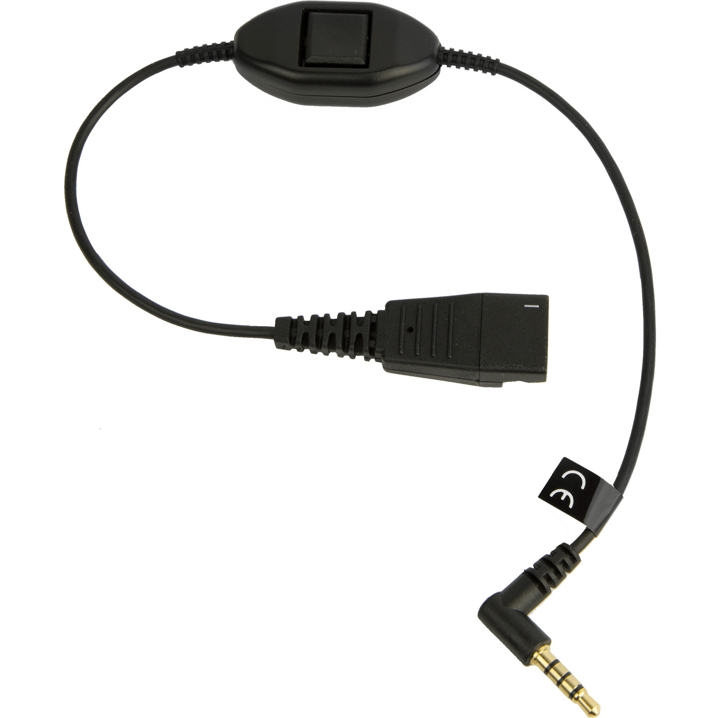 Un adattatore per cuffie nero con un pulsante di controllo, un connettore e un jack da 3,5 mm. È presente un marchio CE.