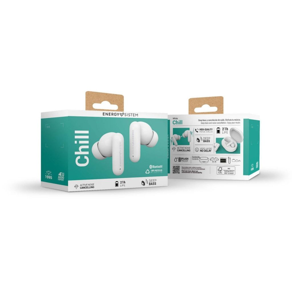 Scatola auricolari bianchi Energy Sistem Chill. Le caratteristiche includono cancellazione attiva del rumore, 21 ore di durata, bassi profondi e Bluetooth. La scatola include anche testo.