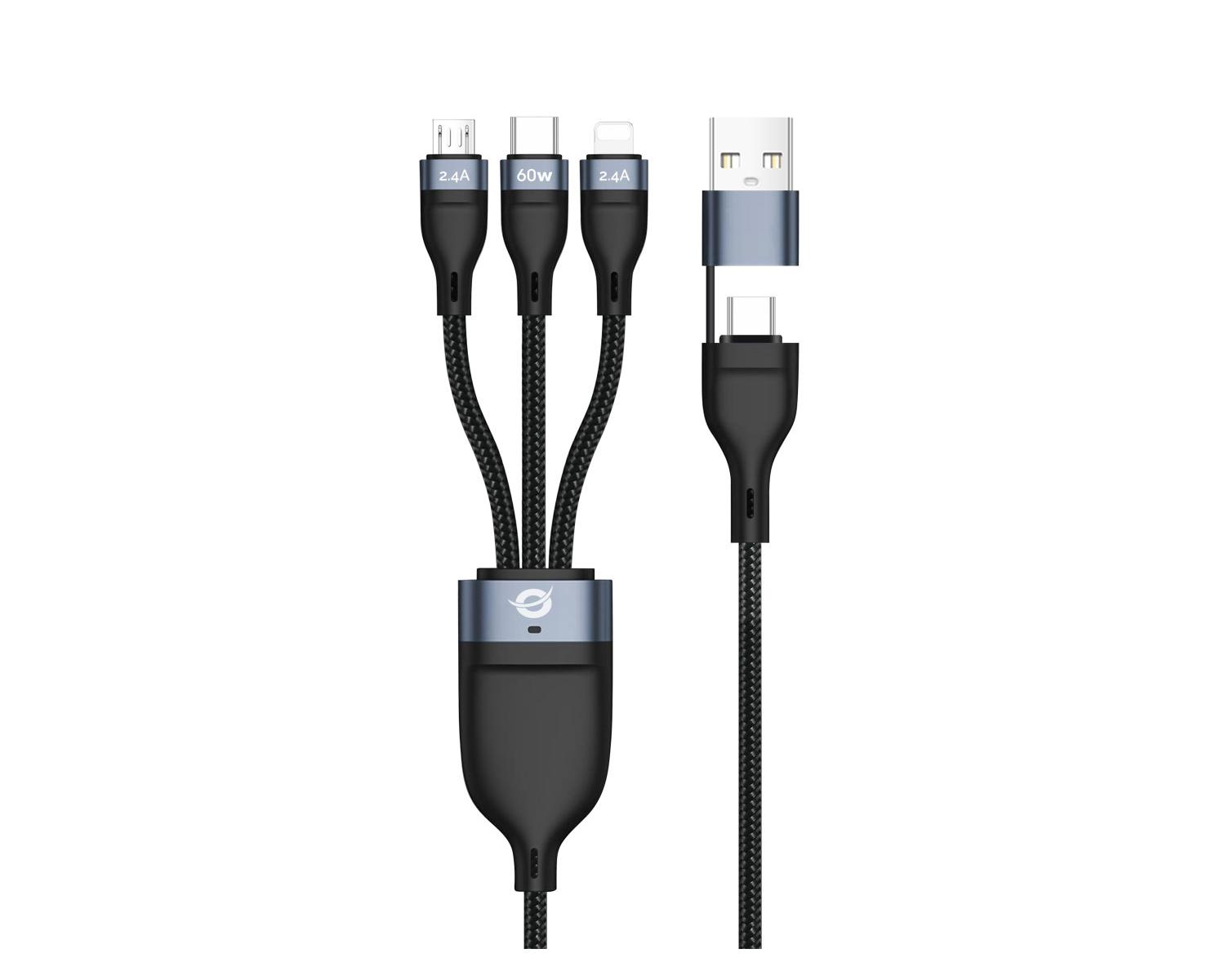 Ein schwarzes Multi-Ladekabel mit verschiedenen Anschlüssen: USB, USB-C und Lightning. Es zeigt die Ladekapazität an.